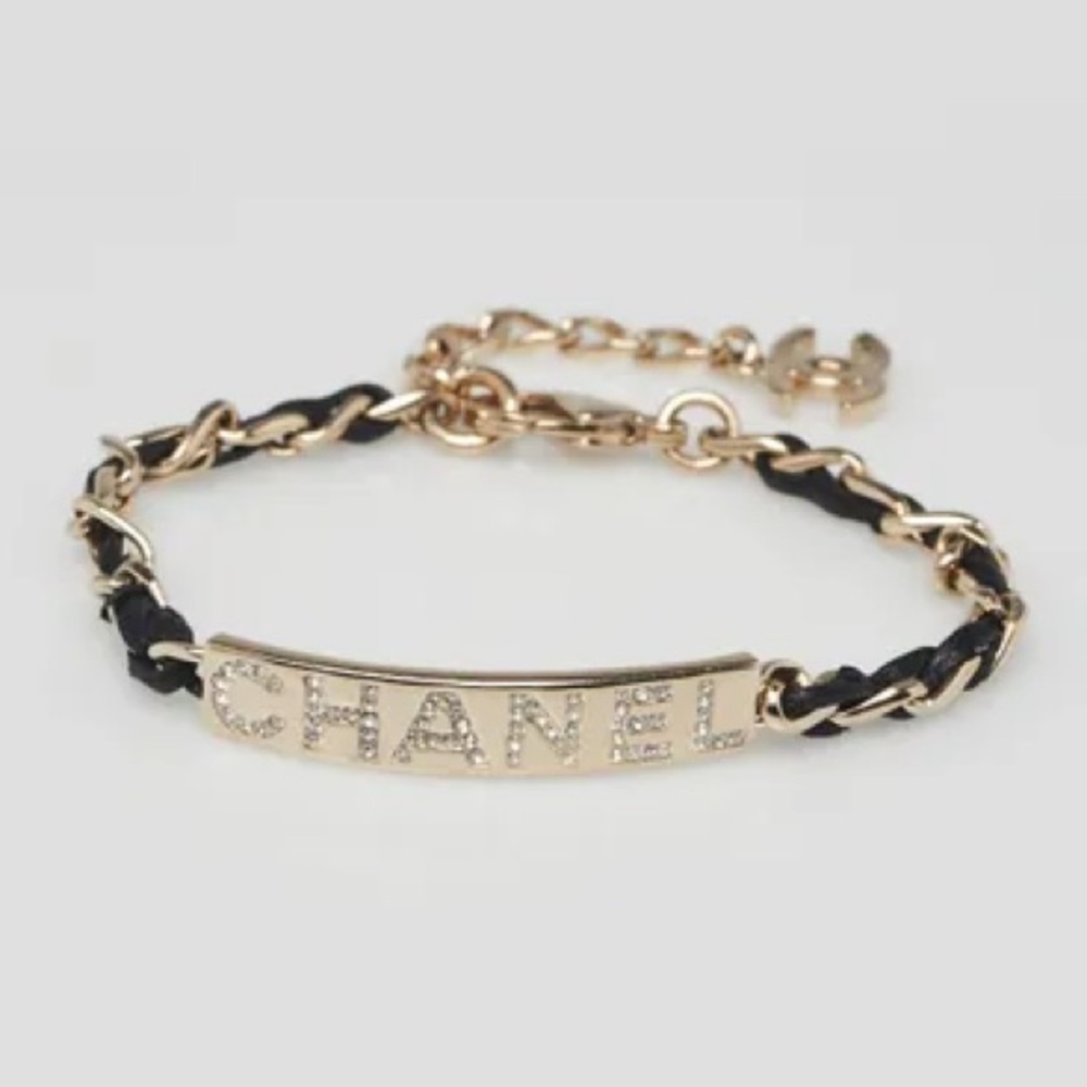 CHANEL Goldtone Chain And Crystal Logo ID Bracelet